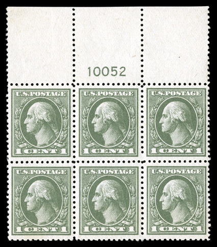 536, 1c Gray green offset, extraordinarily choice full top margin plate no. 10052 block of six of this perennially difficult issue, marvelously fresh and intact, strong rich
color on bright paper, exceptionally well centered, unblemished o.g., n