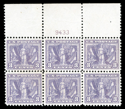 537, 3c Victory, gorgeous full top margin plate no. 9433 block of six, unusually well centered, especially for this surprisingly difficult commemorative plate block, strong
color, o.g., n.h., extremely fine 1999 PF certificate ex-Gray.