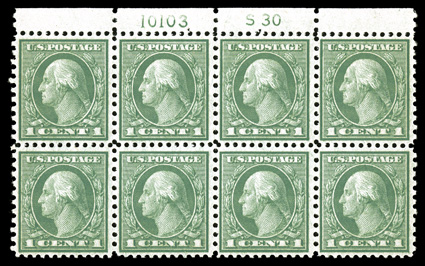 538, 1c Green coil waste, perf. 11x10, top margin S30 and plate no. 10103 block of eight, fresh and intact, well centered for this difficult coil waste issue, o.g., n.h., very
fine.