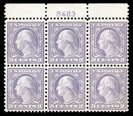 541, 3c Violet coil waste, a seldom seen top margin plate no. 8483 block of six, being in a quality with which few (if any) others can compare, as it is extraordinarily well
centered throughout, a real feat for this notoriously difficult coil wa