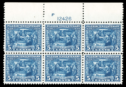 548-50, 1c-5c Pilgrim Tercentenary cplt., beautifully matched set of full top margin plate no. blocks of six, each very well centered, rich fresh colors and intact
perforations, o.g., 1c n.h., 2c and 5c lightly hinged in the selvage only, very f