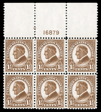 553, 1½c Yellow brown, full top margin plate no. 16879 block of six, exceptionally fresh, strong and intact, incredibly well centered, o.g., n.h., extremely fine
ex-Fogelson.
