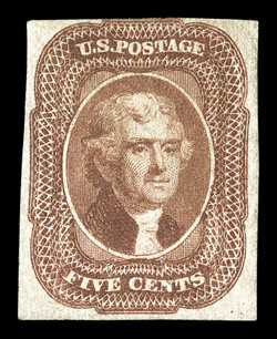 12, 5c Red brown, a rarely seen mint example, strong color and a detailed impression, three full to large margins, just barely touching the design at top, full original gum,
minor corner crease at top right, otherwise fine 1997 PSE certificate.