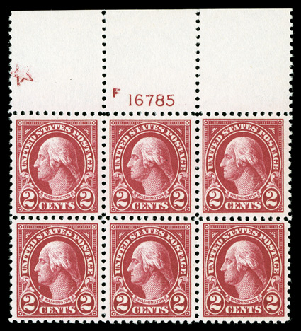 554, 2c Carmine, an extraordinary full top margin plate no. F 16785 and large five point star block of six, being a superb example of this elusive plate block, possessing near
perfect centering and each stamp boasts unusually wide margins, i