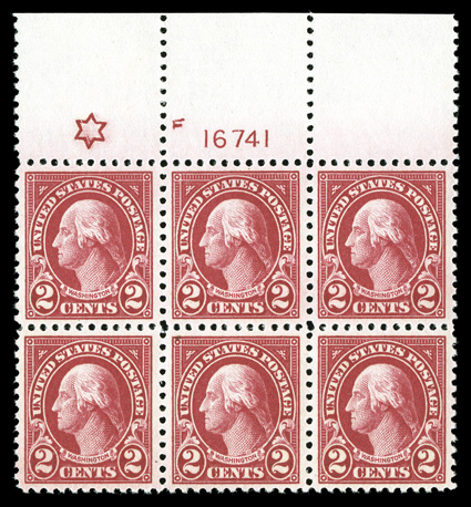 554, 2c Carmine, a superb full top margin plate no. F 16741 and large six point star block of six, being an especially select example of this rare plate block, extraordinarily
well centered, in fact, of the very few examples we have ever see