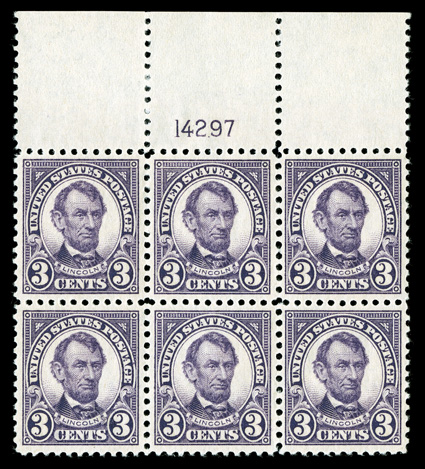 555, 3c Violet, full top margin plate no. 14297 block of six, particularly well centered, strong and intact perforations, o.g., without a single gum bend or skip, n.h.,
extremely fine actually quite scarce in this premium quality.