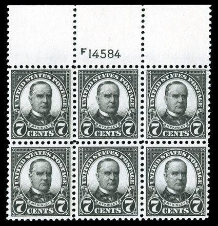 559, 7c Black, handsome top margin plate no. 14584 block of six, featuring outstanding centering, intense color and a sharp impression, post office fresh with strong and intact
perforations, pristine o.g., n.h., extremely fine and choice.