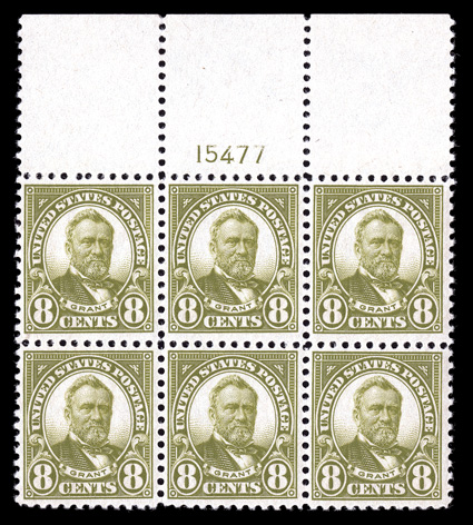 560, 8c Olive green, fresh full top margin plate no. 15477 block of six, luxuriant deep color, unusually well centered, o.g., n.h. choice very fine a scarce plate block which
is seldom encountered as a full top ex-Fogelson.