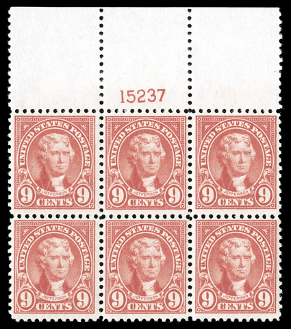 561, 9c Rose, pristine full top margin plate no. 15237 block of six, post office fresh, radiant color, exceptionally well centered, o.g., n.h., choice very fine a premium full
top example 2005 PF certificate ex-Fogelson.