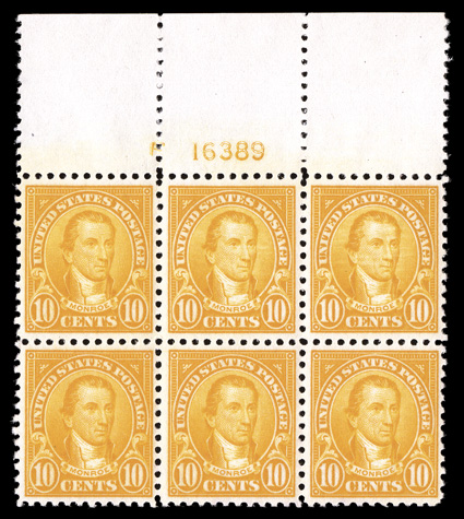 562, 10c Orange, handsome full top margin plate no. 16389 block of six, particularly well centered, radiant rich color on fresh white paper, strong and intact perforations,
o.g., top center stamp with fingerprint on gum, n.h., extremely fine.