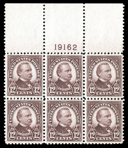 564, 12c Brown violet, gem full top margin plate no. 19162 block of six with extra-large sheet selvage, marvelously well centered, deep luxuriant color and sharp impression on
bright paper, strong and intact, o.g., n.h., small gum skip in the bo