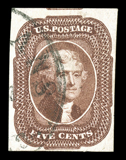 12, 5c Red brown, attractive used single, four full to mostly extra-large margins showing the frame line of the adjoining stamp at top, sumptuously rich color, plus its
impression is especially well defined on bright paper, neat portion of a New