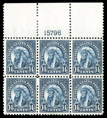 565, 14c Blue, premium quality full top margin plate no. 15796 block of six, marvelously fresh, with deep luxuriant color, outstanding centering throughout, o.g., n.h.,
extremely fine a surprisingly difficult plate to find this choice.