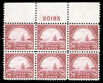 567, 20c Carmine rose, delightful full top margin plate no. 20195 block of six, beautifully centered, deep rich color, fresh and intact, o.g., n.h., extremely
fine.