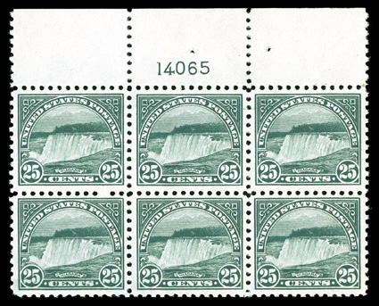 568, 25c Yellow green, full top margin plate no. 14065 block of six, striking intense color, excellent centering, o.g., n.h., choice very fine.