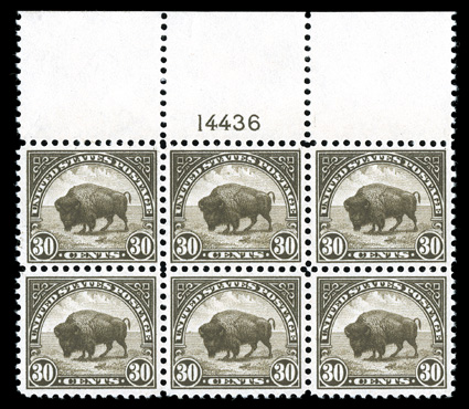 569, 30c Olive brown, an especially handsome full top margin plate no. 14436 block of six, incredibly well centered for a plate block, striking color in a remarkably deep
(almost black brown) shade, prooflike impression, o.g., n.h., extremely fi