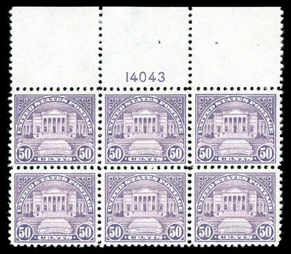 570, 50c Lilac, a premium quality full top margin plate no. 14043 block of six, featuring both an extra-wide sheet selvage and unusually choice centering throughout, bright
rich color, o.g., n.h., extremely fine almost never encountered as a fu