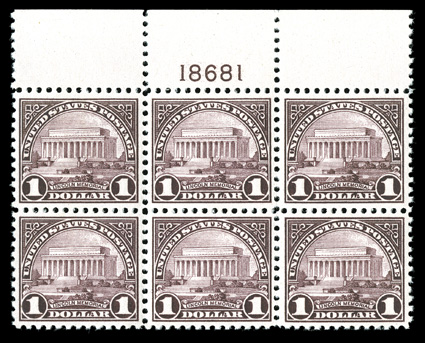 571, $1.00 Violet black, a fabulous quality full top margin plate no. 18681 block of six, whose every physical characteristic would be difficult to improved upon, from its
mathematically precise centering to its crisp and intact perforations, lu