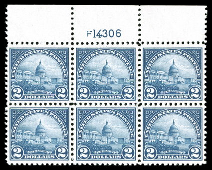 572, $2.00 Deep blue, a gorgeous full top margin plate no. 14306 block of six, featuring unimprovable centering, rich color on fresh paper and strong and intact perforations
all around, o.g., mild natural gum bends, n.h., extremely fine and choi