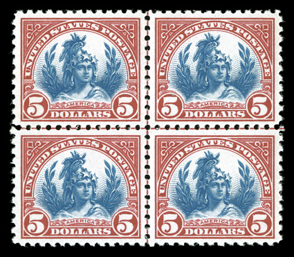 573, $5.00 Carmine and blue, pristine center line block of four, wonderfully fresh and bright, excellent centering, o.g., n.h., a couple perf. separations at left, extremely
fine.