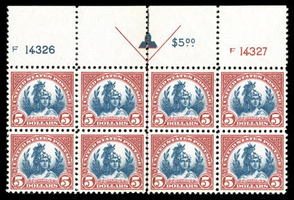 573, $5.00 Carmine and blue, an incredibly handsome and choice full top margin arrow and plate nos. F14326, F14327 block of six, possessing near perfect centering throughout
the entire plate block, plus its colors are particularly fresh and inte