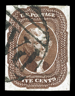 12, 5c Red brown, four full to large margins, especially strong color and impression, cancelled by a large Paid in grid of Beverley, Mass., choice very fine 1999 PF
certificate.
