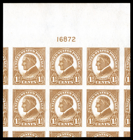 576, 1 ½c Yellow brown imperforate, superb full top margin plate no. 16872 block of six, carefully extracted from a sheet so that enormous and well balanced portions of all
nine adjoining stamps appear, brilliantly fresh, rich color, o.g., n.h.,
