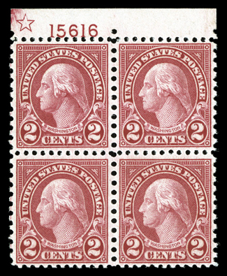 579, 2c Carmine coil waste, top margin star and plate no. 15616 block of four, uncharacteristically well centered, strong rich color, o.g., top left stamp faintly hinged,
others n.h., extremely fine among the nicest examples available.