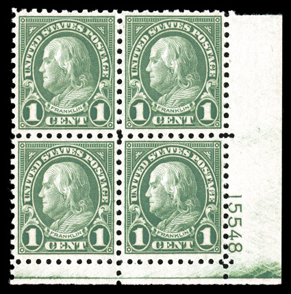 581, 1c Green, an impressive bottom right corner margin plate no. 15548 block of four, flawlessly centered, deep luxuriant color, o.g., n.h., extremely fine gem plate blocks,
such as this, of any of the values from the 1923-26 perf. 10 rotary p