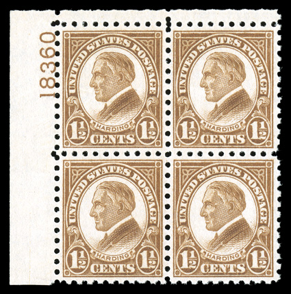 582, 1 ½c Brown, top left corner margin plate no. 18360 block of four, perfectly centered, brilliantly fresh, o.g., n.h., extremely fine surprisingly scarce so
choice.