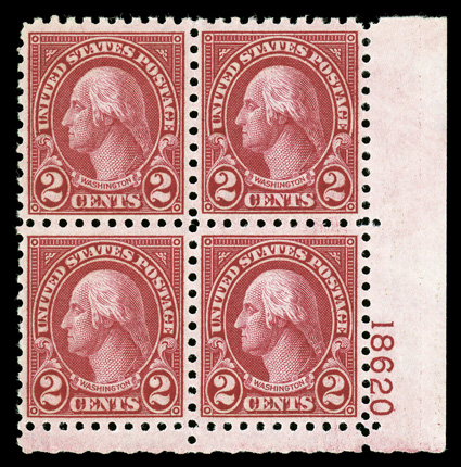 583, 2c Carmine, especially choice bottom right corner margin plate no. 18620 block of four, extraordinarily well centered and margined, bright and fresh, o.g., n.h., extremely
fine.
