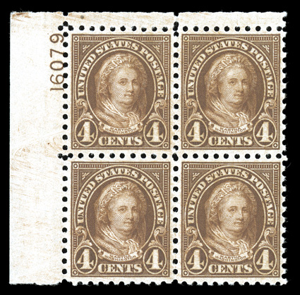 585, 4c Yellow brown, top left corner margin plate no. 16079 block of four in unusually select quality, exceedingly well centered, sumptuously rich color, pristine o.g., n.h.,
extremely fine as nice as it comes 2005 PF certificate ex-Fogels