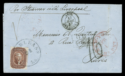 12, 5c Red brown, single with close to extra-large margins all around, rich color and a crisp impression, tied by New Orleans c.d.s. on 1857 folded cover to Paris, red New York
British Ship pmk., British and French transits and Paris receiver, t
