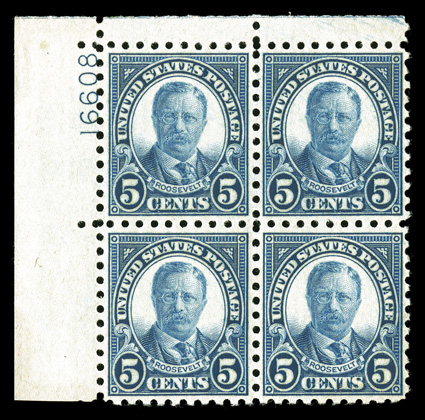 586, 5c Blue, top left corner margin plate no. 16608 block of four, exceptionally fresh, deep luxuriant color, well centered, o.g., n.h., choice very fine.