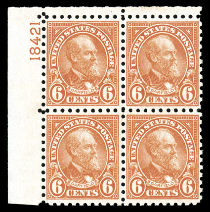 587, 6c Red orange, top left corner margin plate no. 18421 block of four, precisely centered, which is a rare feat for this difficult issue, bright and fresh, o.g., n.h.,
extremely fine.