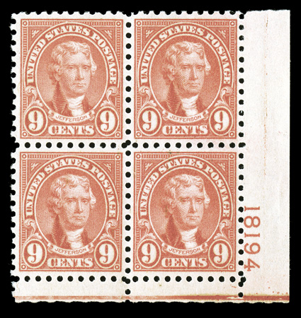 590, 9c Rose, bottom right corner margin plate no. 18194 block of four, deep luxuriant color, uncharacteristically well centered, o.g., n.h., bottom left stamp with mild gum
wrinkle, extremely fine.