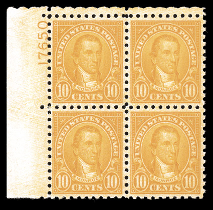 591, 10c Orange, brilliantly fresh top left corner margin plate no. 17650 block of four, strong vibrant color, well centered, immaculate o.g., n.h., choice very fine, 2005 PF
certificate ex-Fogelson.