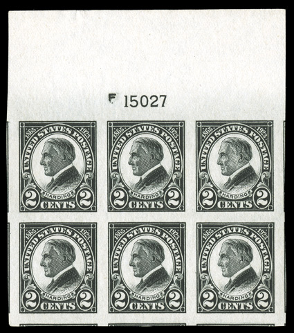 611, 2c Harding, full top margin plate no. 15027 block of six, boasting extravagantly wide and even margins, including portions of five adjacent stamps, post office fresh,
o.g., n.h., extremely fine, a large-margined gem.
