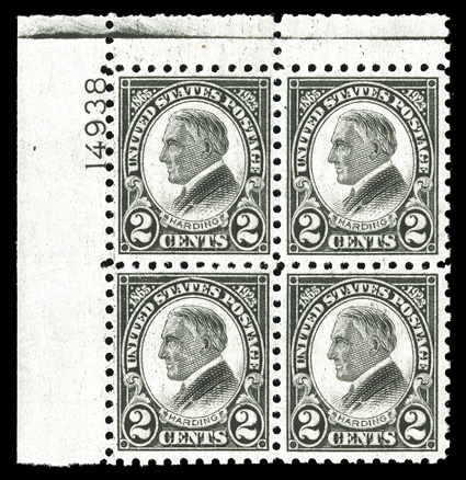 612, 2c Harding, highly select top left corner margin plate no. 17650 block of four, strong vibrant color, excellent centering, immaculate o.g., n.h., extremely fine and
handsome 1999 PF certificate.