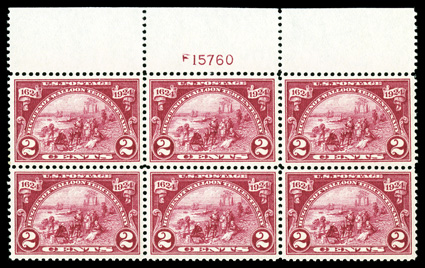 615, 2c Huguenot-Walloon, gem full top margin plate no. F15760 block of six, incredibly well centered throughout, dazzling intense color and deeply etched impression, crisp and
intact, pristine o.g., n.h., extremely fine a plate block condition