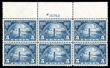 616, 5c Huguenot-Walloon, outstanding full top margin plate no. F15753 block of six, extraordinarily well centered throughout, intense color, wonderfully fresh and crisp,
immaculate o.g., n.h., extremely fine a gem plate block.