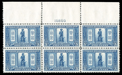 617-19, 1c-5c Lexington-Concord cplt., a beautifully matched set of premium quality full top margin plate no. blocks of six, each of which is extraordinarily well centered
within large margins, post office fresh with vivid rich colors, strong an