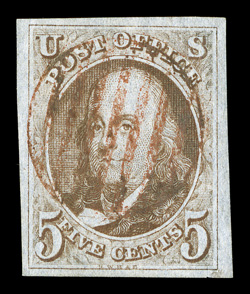 1, 5c Red brown, handsome used single, with four large to extra-large margins, lovely rich color and a well defined impression, light red grid cancel, extremely fine 2008 PSE
certificate (XF 90 SMQ $650.00).