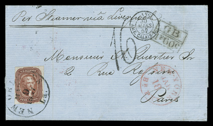 12, 5c Red brown, single with four close to large margins, tied by New Orleans c.d.s. on 1857 folded cover to Paris, from the same correspondence as the previous cover, with
appropriate New York, British and Calais pmks. and Paris receiver, two