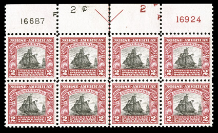 620, 2c Norse-American, full top margin arrow and plate nos. 16687, 16924 block of eight, possessing an uncommonly wide sheet margin which is difficult to find on plate blocks
of this issue, plus it does not have the usual foldover at the arrow,