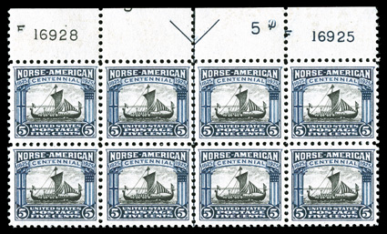 621, 5c Norse-American, a fantastic full top margin arrow and plate nos. 16928, 16925 block of eight, with a extra-wide selvage and without the often encountered production
foldover at the arrow, exquisitely centered throughout, with strong and