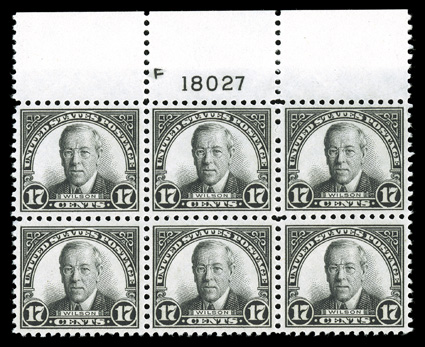 623, 17c Black, highly select full top margin plate no. 18027 block of six, extraordinarily well centered throughout, with each stamp being precisely centered amid balanced
margins, intense color, crisp and intact, o.g., n.h., an extremely fine