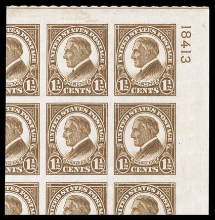631, 1½c Yellow brown imperforate, superb top right corner margin plate no. 18413 block of four, having been cut from the sheet so as to incorporate large portions of the five
adjoining stamps, o.g., n.h., extremely fine.