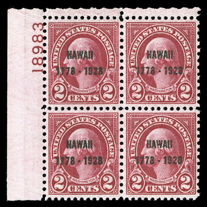 647, 2c Hawaii ovpt., top left corner margin plate no. 18983 block of four, exceptionally well centered for this, luxuriant rich color on fresh white paper, strong and intact,
o.g., n.h., extremely fine.