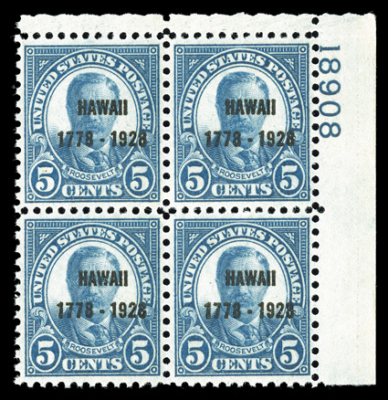 648, 5c Hawaii ovpt., select quality top right corner margin plate no. 18908 block of four, uncharacteristically well centered for this notoriously difficult issue, crisp and
intact, o.g., n.h., extremely fine not a terribly scarce plate block